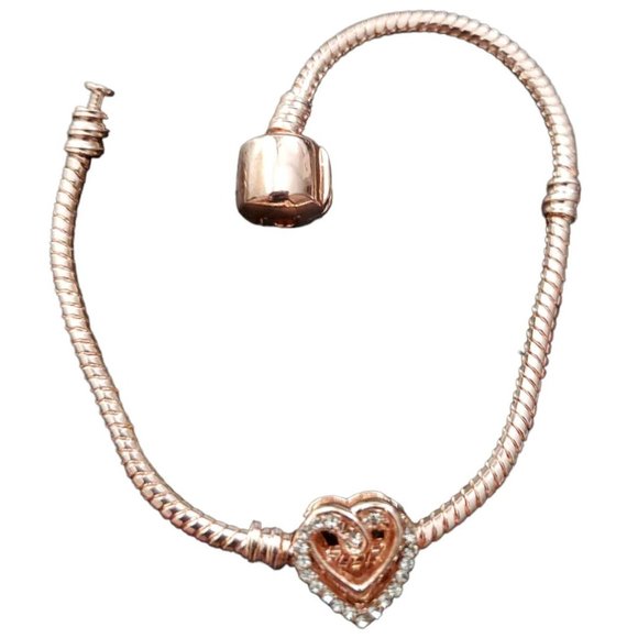 7 in. Rose Gold Plated over Sterling Silver (S925) Snake Chain Bracelet w/ Heart - Picture 1 of 6